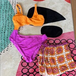 Vibrant Orange and Purple Bikini Set with Crochet Cover-Up